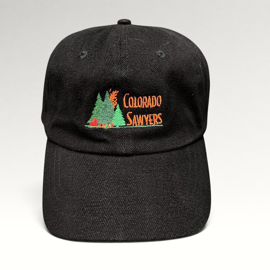 Raree Finds vintage black brushed cotton strapback hat with embroidered Colorado Sawyers mountain campfire graphic