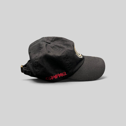 Raree Finds black cotton promotional hat with side Compaq embroidery and adjustable brass buckle strap