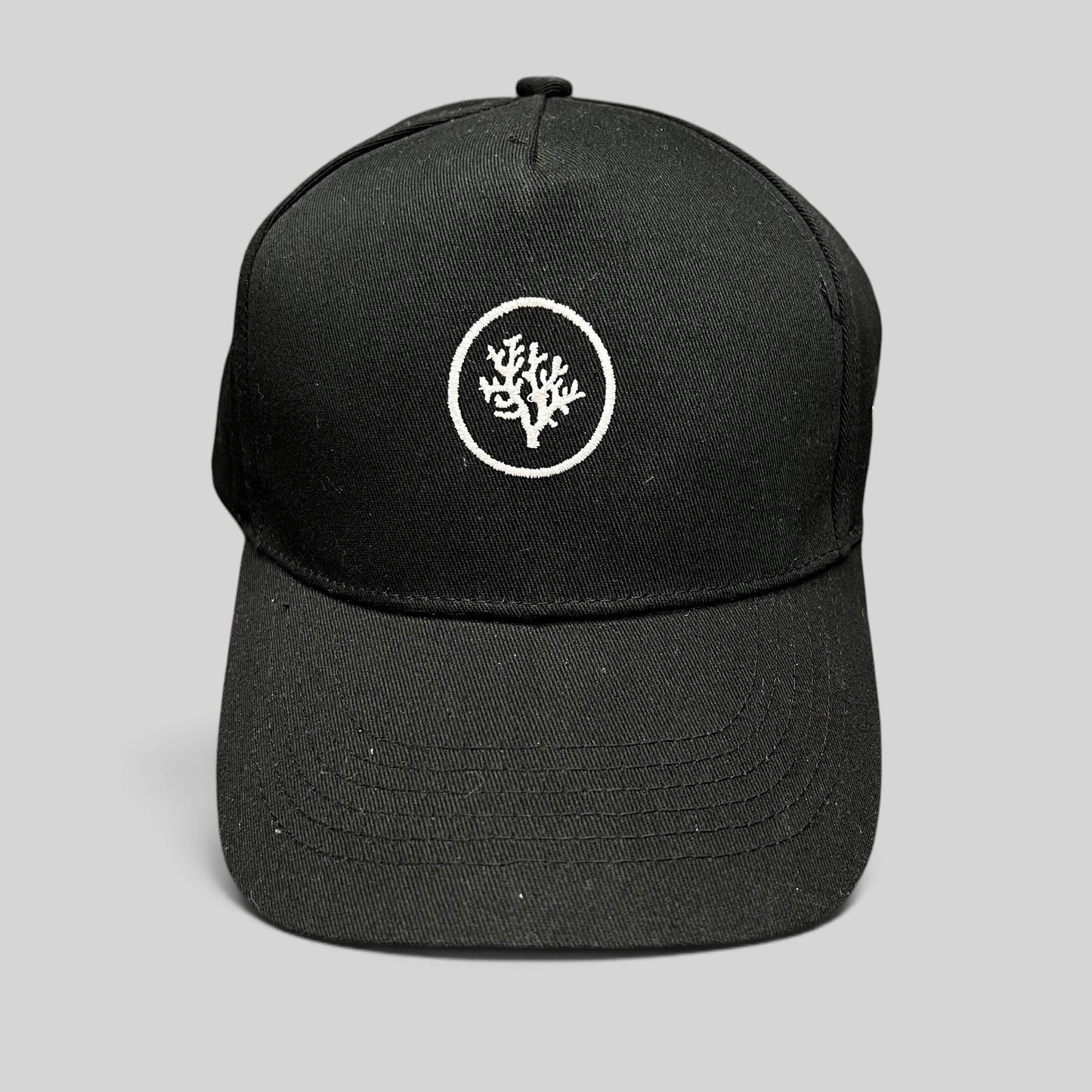 Raree Finds black Coral Gardeners strapback cap with white embroidered coral logo on the front