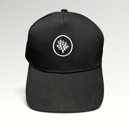 Raree Finds black Coral Gardeners strapback cap with white embroidered coral logo on the front