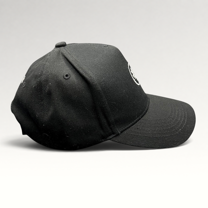 Raree Finds black Coral Gardeners strapback cap with embroidered coral logo, side profile view