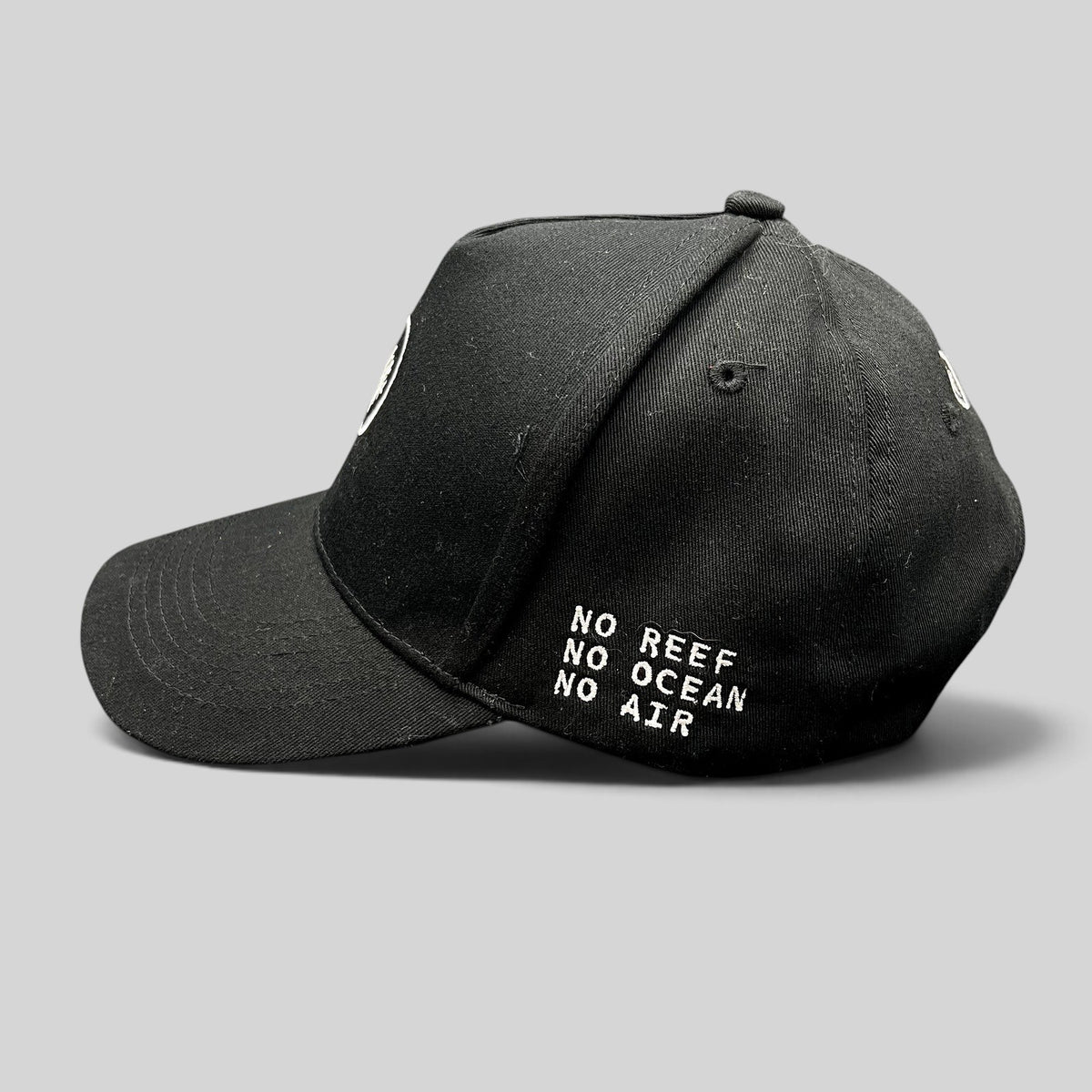 Raree Finds black Coral Gardeners strapback cap with No Reef No Ocean No Air embroidery on the side