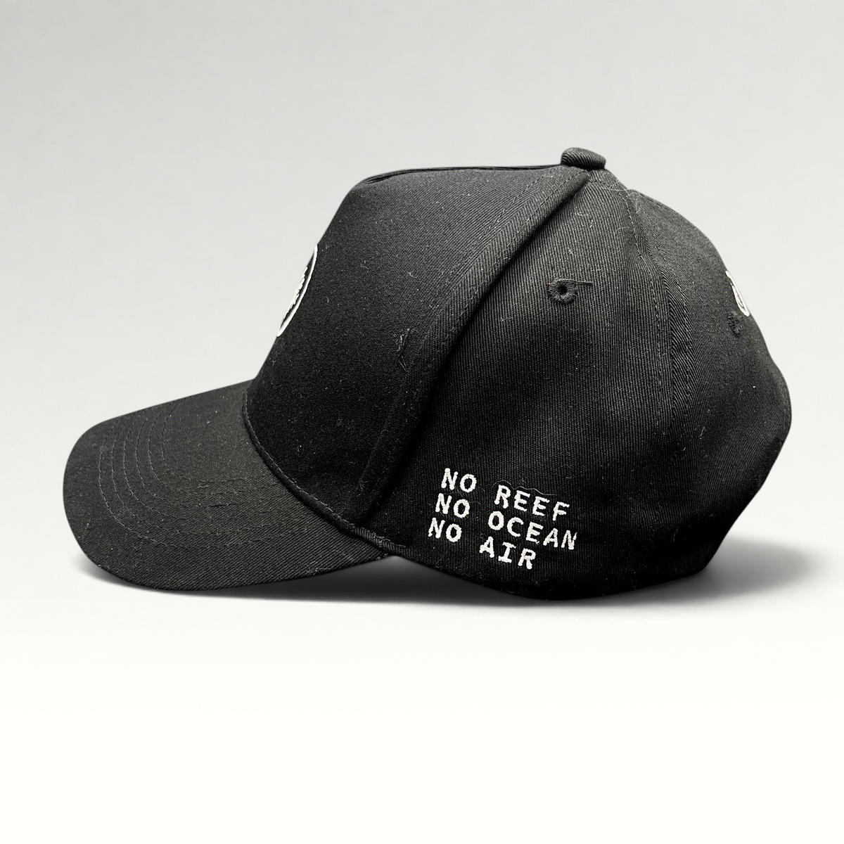 Raree Finds black Coral Gardeners strapback cap with No Reef No Ocean No Air embroidery on the side