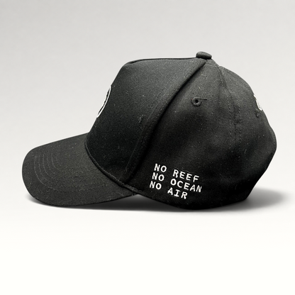 Raree Finds black Coral Gardeners strapback cap with No Reef No Ocean No Air embroidery on the side