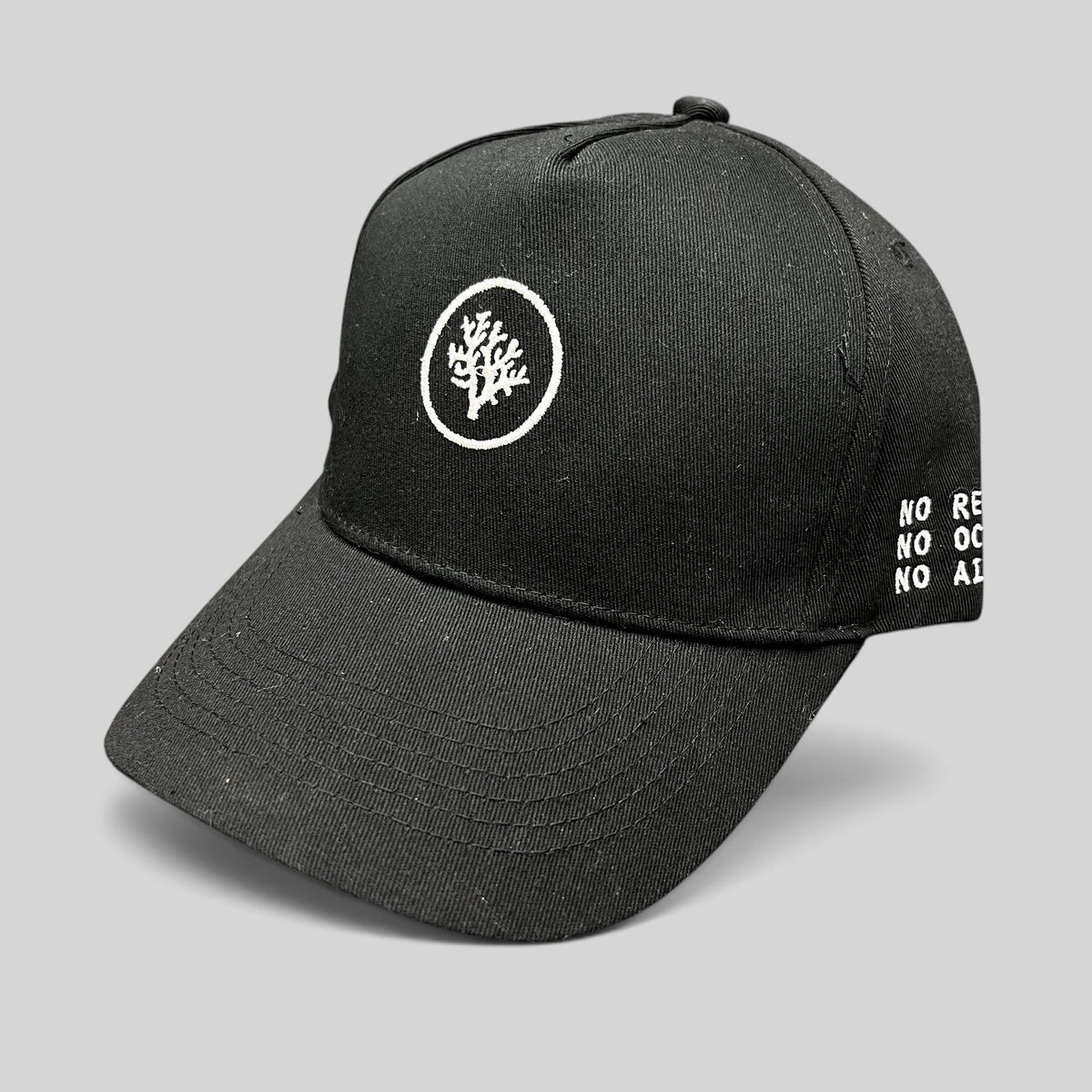 Raree Finds black Coral Gardeners strapback cap with white embroidered coral logo on front and side text detail