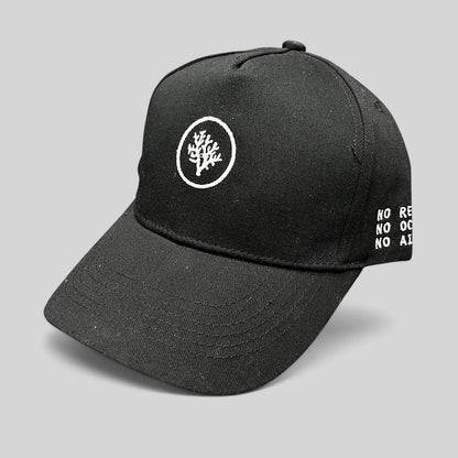Raree Finds black Coral Gardeners strapback cap with white embroidered coral logo on front and side text detail