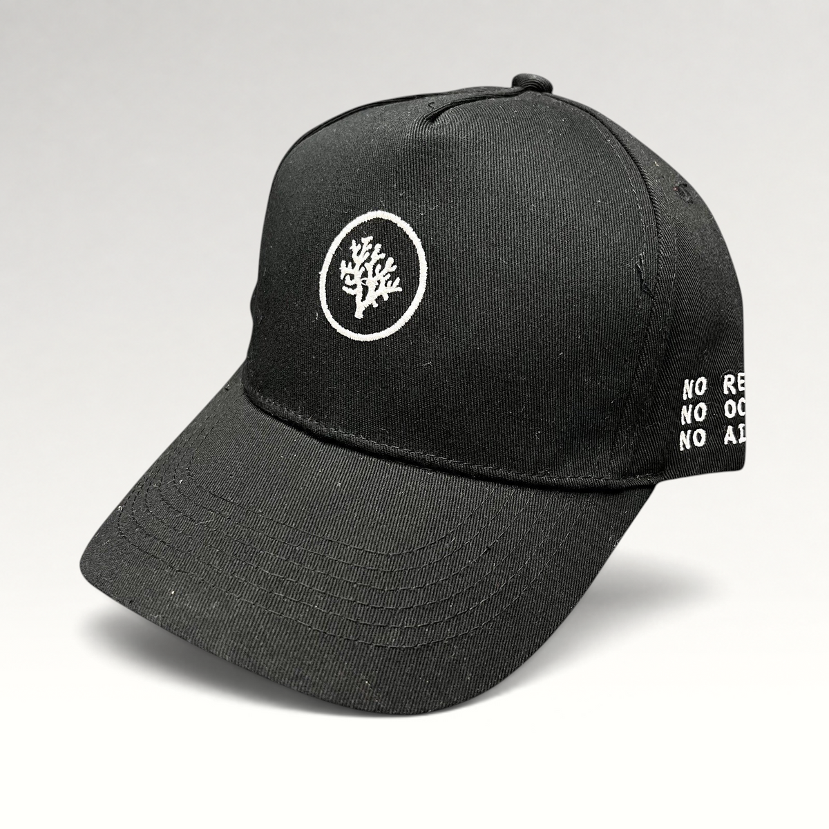 Raree Finds black Coral Gardeners strapback cap with white embroidered coral logo on front and side text detail