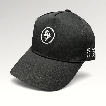 Raree Finds black Coral Gardeners strapback cap with white embroidered coral logo on front and side text detail