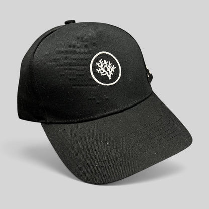 Raree Finds black Coral Gardeners strapback hat with white embroidered coral logo on the front