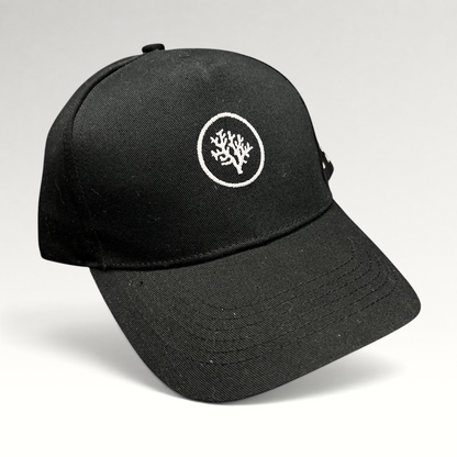 Raree Finds black Coral Gardeners strapback hat with white embroidered coral logo on the front