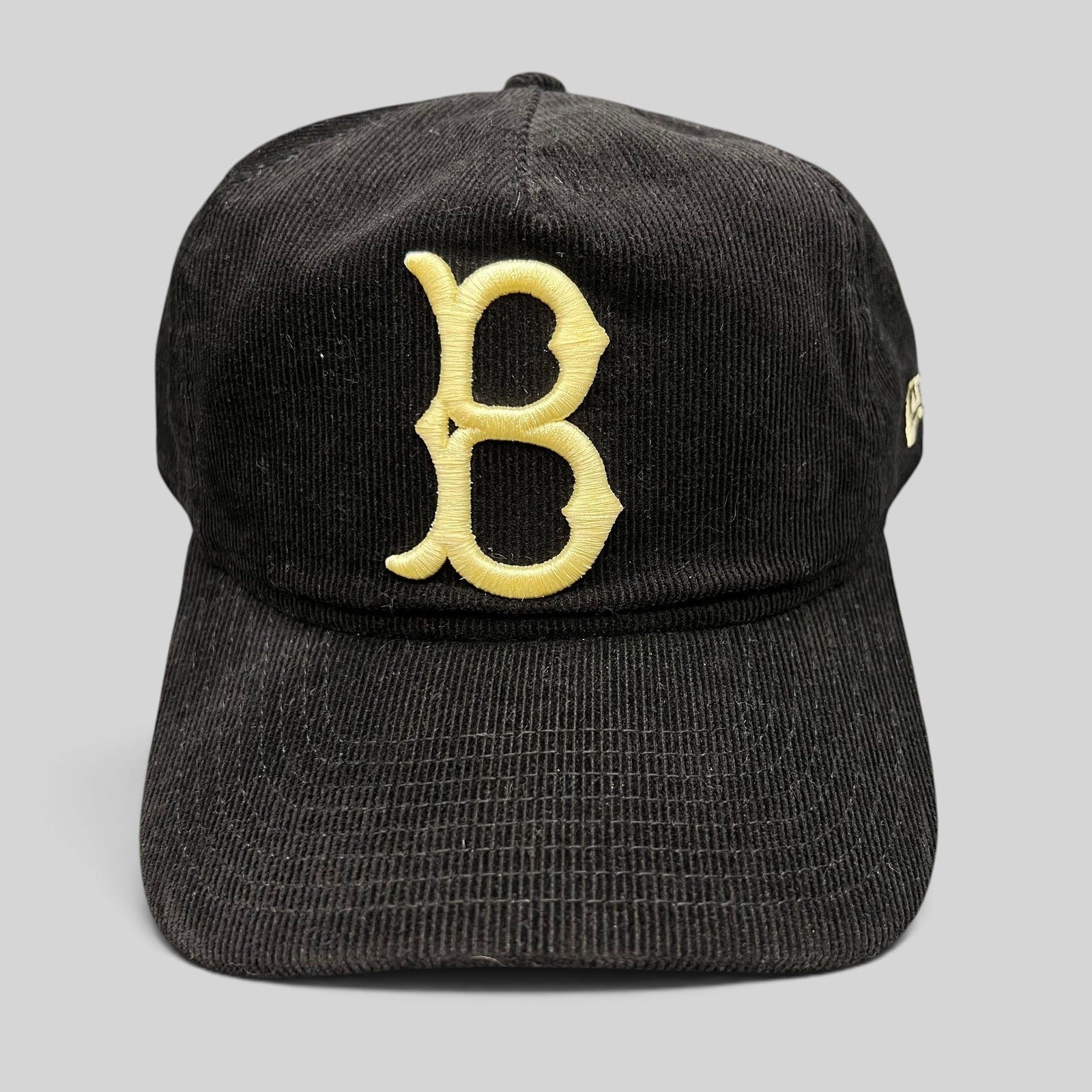 Raree Finds black corduroy New Era 9TWENTY Brooklyn Dodgers snapback hat with cream embroidered B logo
