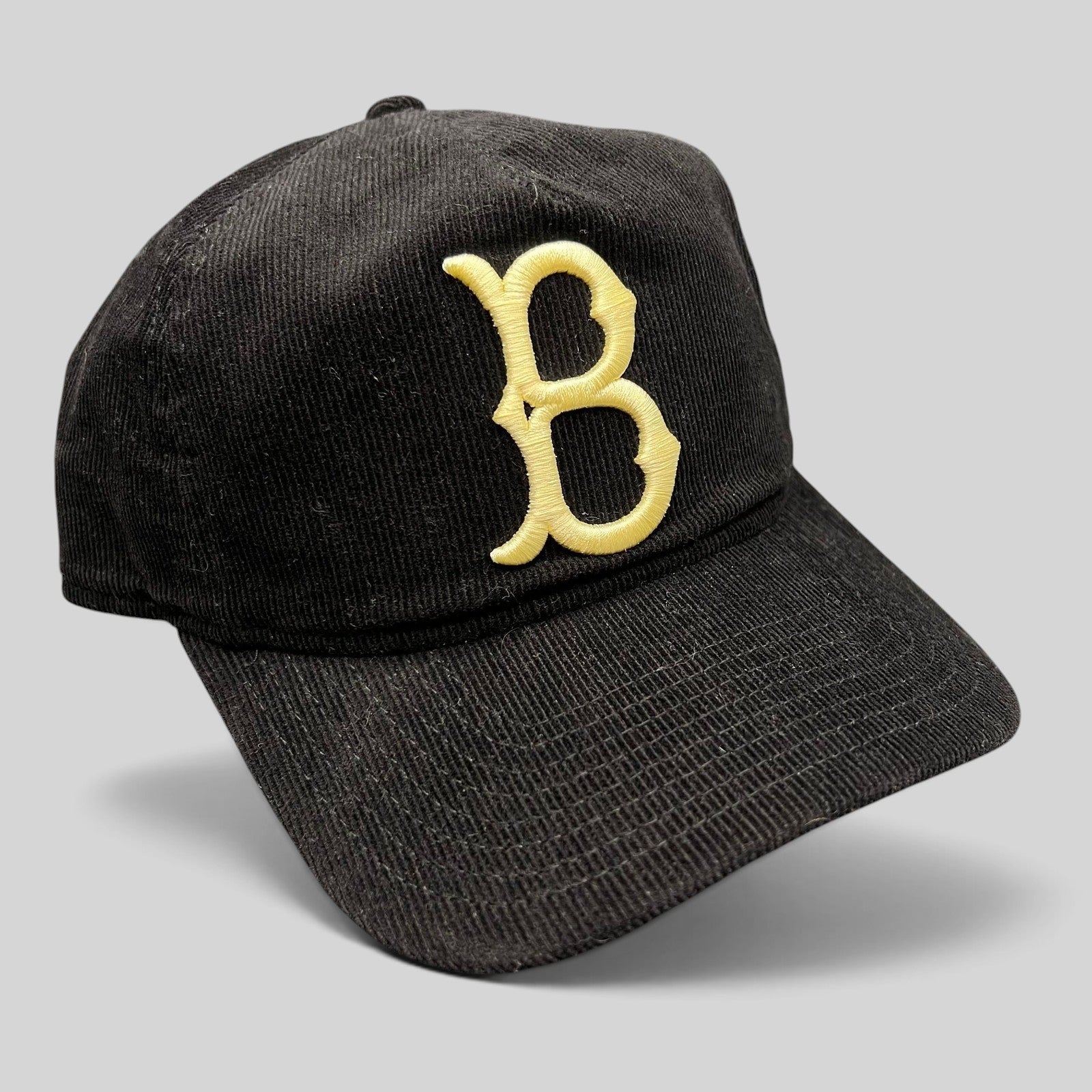 Raree Finds black corduroy New Era 9TWENTY Brooklyn Dodgers snapback hat with cream embroidered B logo