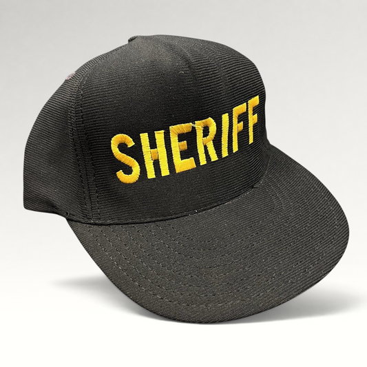 Raree Finds vintage black corduroy snapback hat with gold embroidered SHERIFF lettering and high-profile crown.