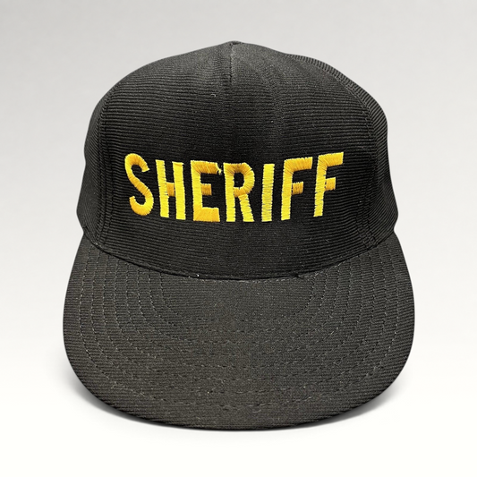Raree Finds vintage black corduroy snapback hat with gold embroidered SHERIFF lettering and high-profile crown.