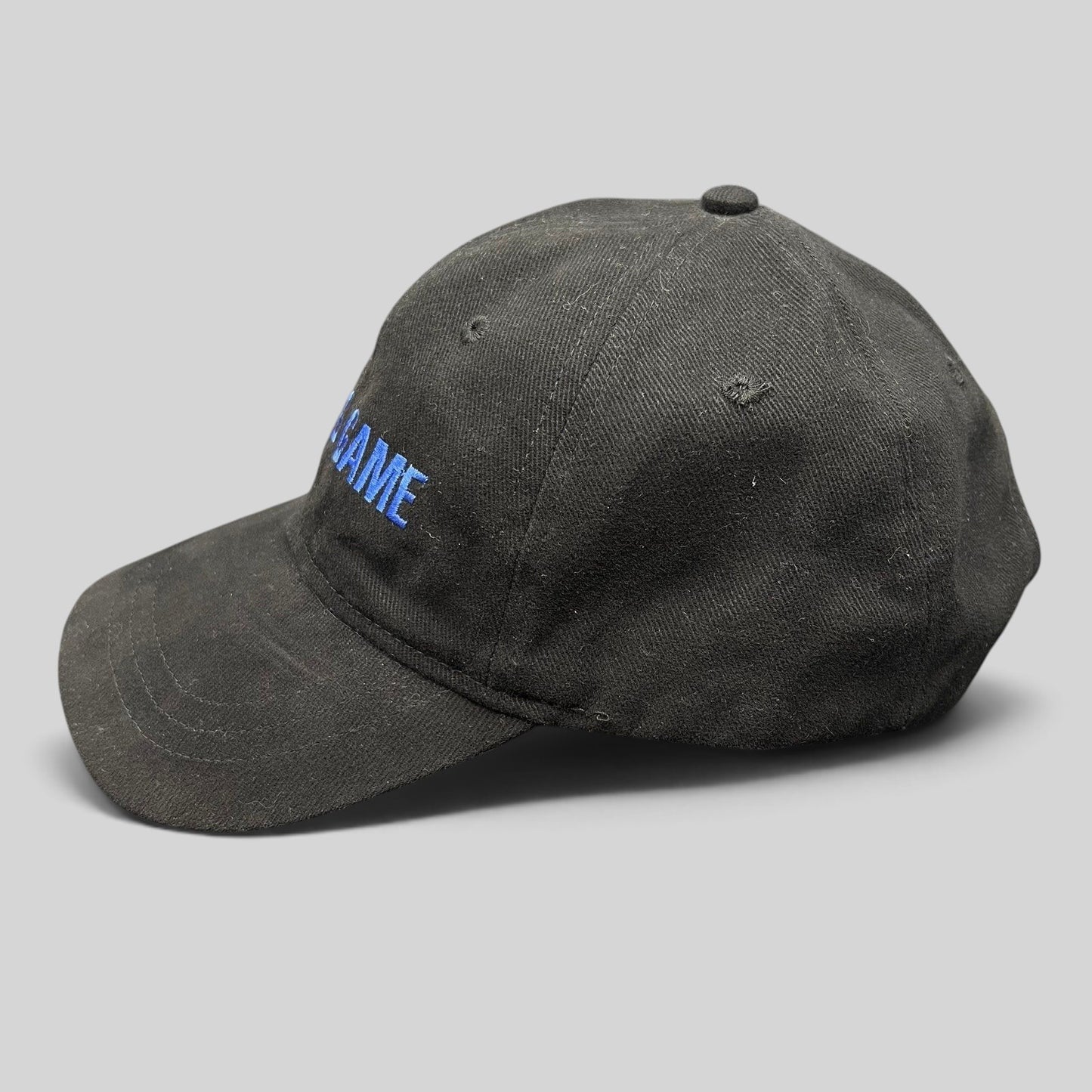 Raree Finds black cotton strapback hat with blue The Lying Game embroidery from the 2010 pilot crew production.