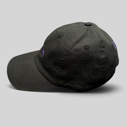 Raree Finds black cotton twill dad hat with purple No Notes embroidery and adjustable brass buckle strapback closure