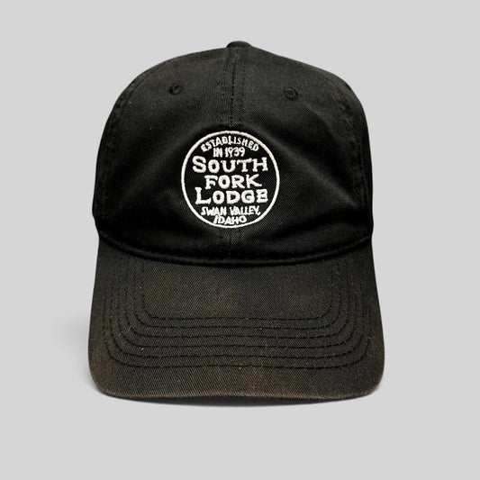 Raree Finds black cotton strapback hat with white embroidered South Fork Lodge Swan Valley Idaho logo