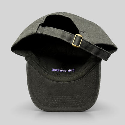 Raree Finds black cotton twill dad hat with adjustable brass buckle strapback and purple interior embroidery