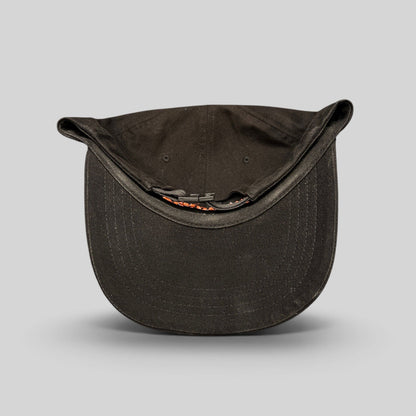 Raree Finds black cotton strapback hat with orange embroidered lettering and metal buckle closure