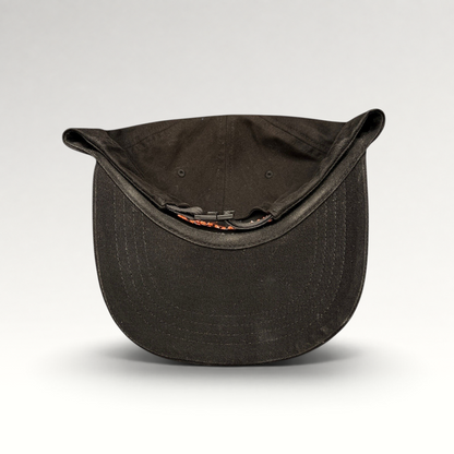 Raree Finds black cotton strapback hat with orange embroidered lettering and metal buckle closure