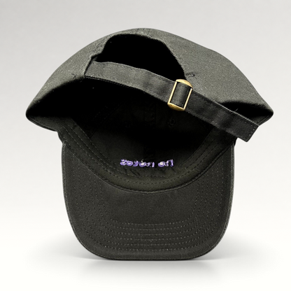 Raree Finds black cotton twill dad hat with adjustable brass buckle strapback and purple embroidered interior detail