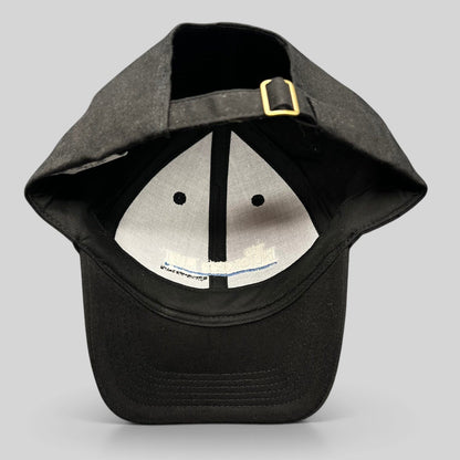 Raree Finds black cotton strapback hat from The Bucket List film with white and blue interior embroidery