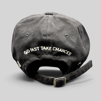 Raree Finds black cotton strapback hat with Go Fast Take Chances embroidered on the back and metal slide buckle