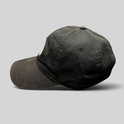 Raree Finds black cotton strapback hat with South Fork Lodge embroidered logo, featuring an adjustable brass buckle.