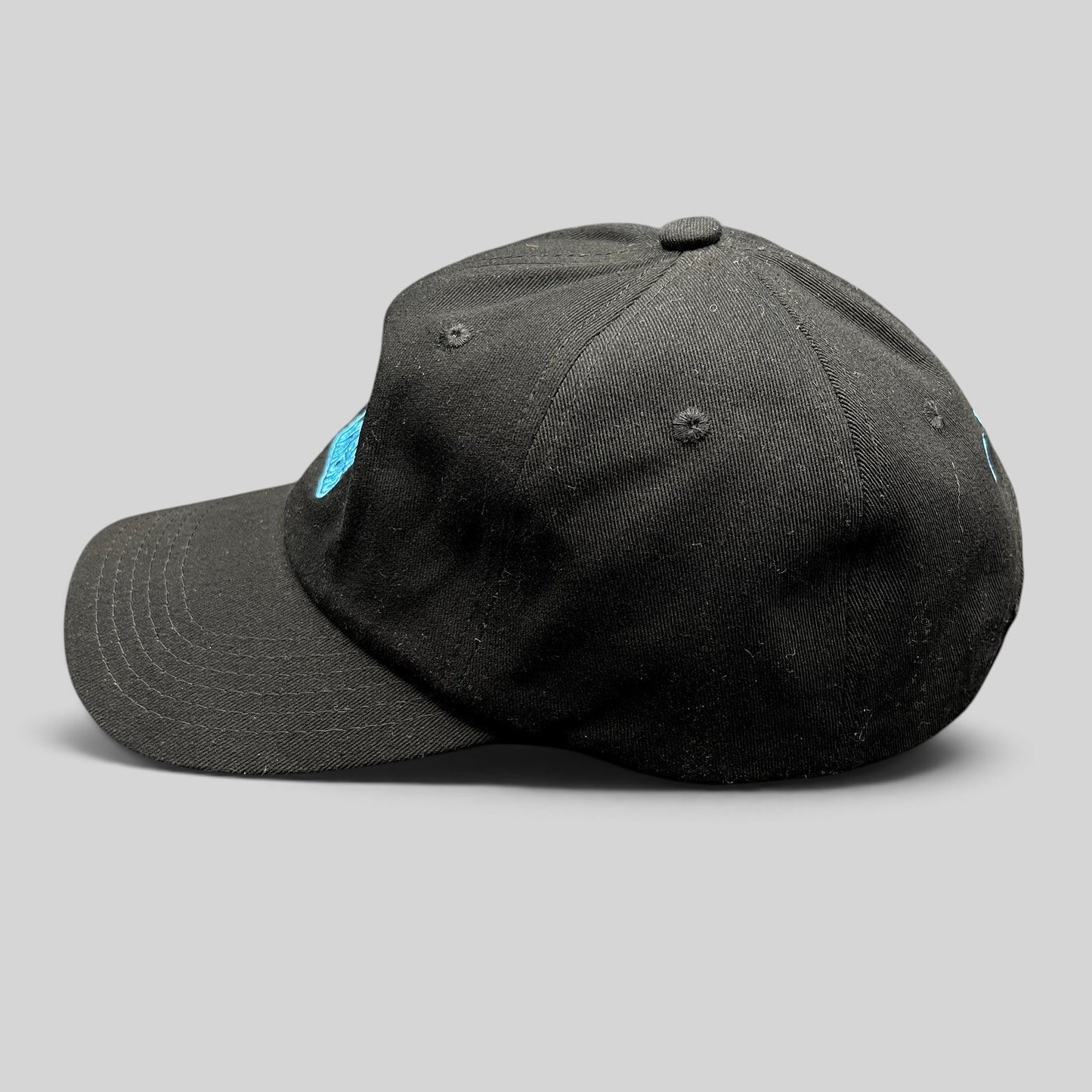 Raree Finds black cotton strapback hat with blue embroidered diamond logo and curved brim, side profile view.