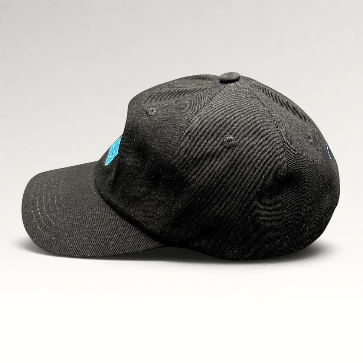 Raree Finds black cotton strapback hat with blue embroidered diamond logo and curved brim, side profile view.