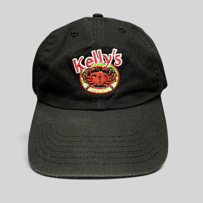 Raree Finds black cotton strapback hat with embroidered Kelly’s Restaurant crab logo and curved brim