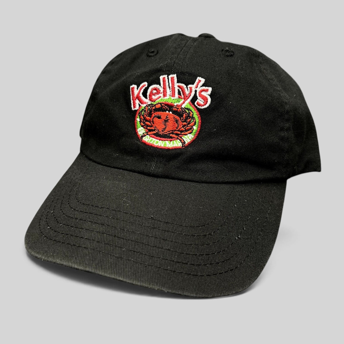 Raree Finds black cotton strapback hat with Kelly's Restaurant crab logo embroidery and curved brim