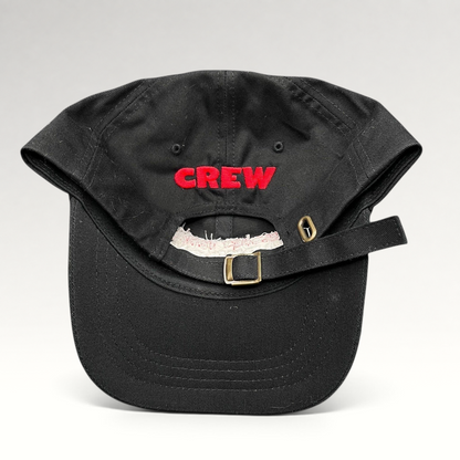 Raree Finds black cotton strapback hat with red embroidered CREW text and brass buckle closure