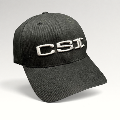 Raree Finds black Yupoong Flexfit cap with raised gray CSI embroidery on the front, made from cotton and spandex.