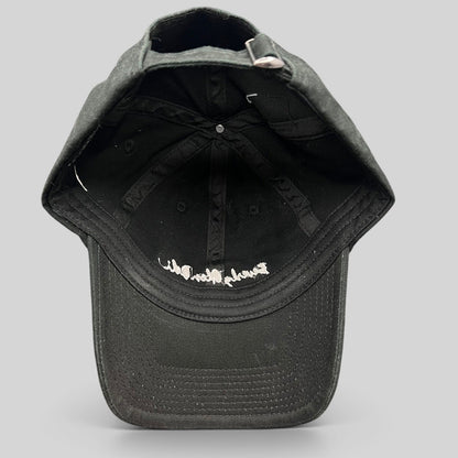 Raree Finds black cotton strapback hat by Farewell Headwear with white Beverly Glen Deli script embroidery