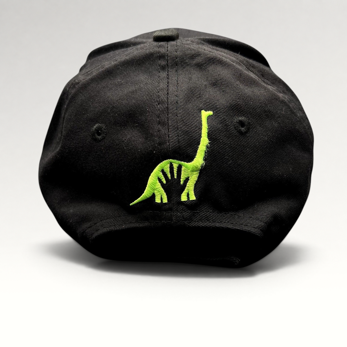Raree Finds black strapback hat featuring green embroidered dinosaur character on the back from The Good Dinosaur movie