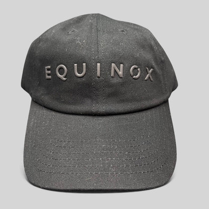 Raree Finds black Equinox fitness snapback hat with raised rubberized logo lettering on the front