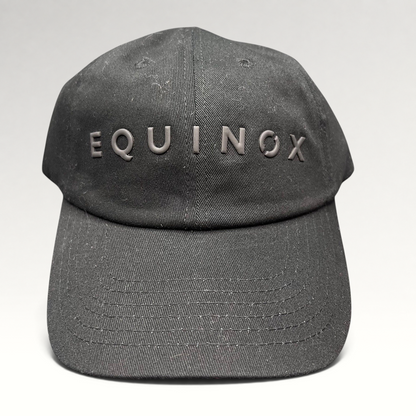 Raree Finds black Equinox fitness snapback hat with raised rubberized logo lettering on the front