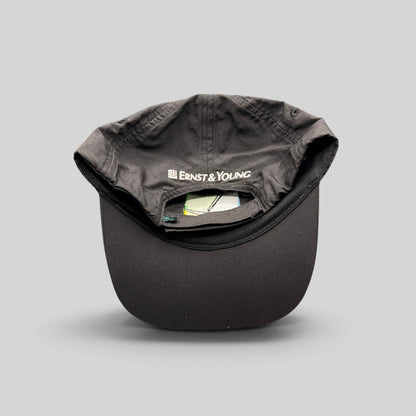 Raree Finds black unstructured strapback hat with Ernst & Young embroidery on the back panel