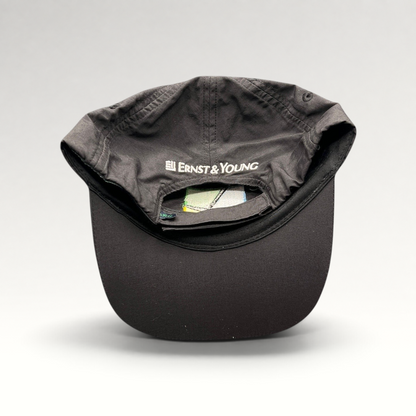 Raree Finds black unstructured strapback hat with Ernst & Young embroidery on the back panel