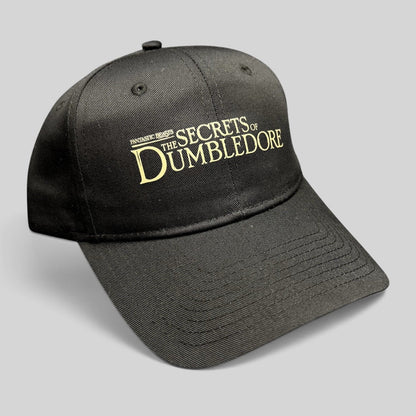 Raree Finds black snapback hat featuring metallic gold embroidered Fantastic Beasts The Secrets of Dumbledore logo