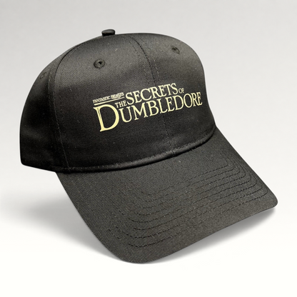 Raree Finds black snapback hat featuring metallic gold embroidered Fantastic Beasts The Secrets of Dumbledore logo