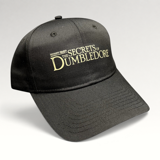 Raree Finds black snapback hat featuring metallic gold embroidered Fantastic Beasts The Secrets of Dumbledore logo