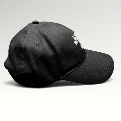 Raree Finds black strapback hat with white embroidered Cleveland International Film Festival lettering on the crown.
