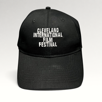 Raree Finds black strapback hat with white embroidered Cleveland International Film Festival lettering on the front