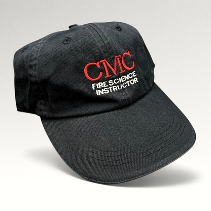 Raree Finds black cotton strapback hat with CMC Fire Science Instructor embroidery in red and white text