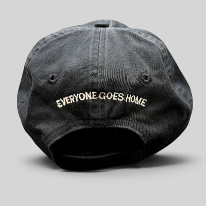 Raree Finds black cotton strapback hat with Everyone Goes Home embroidered on the back in white thread