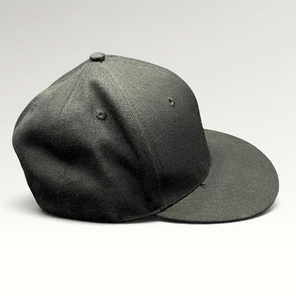Raree Finds black Fits snapback hat with flat brim and structured crown, side profile view.