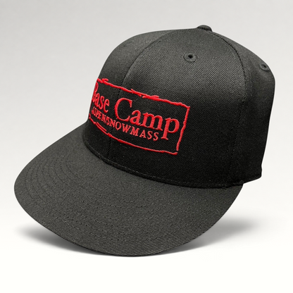 Raree Finds black Flexfit 210 fitted cap with red Base Camp Aspen Snowmass embroidered logo on the front