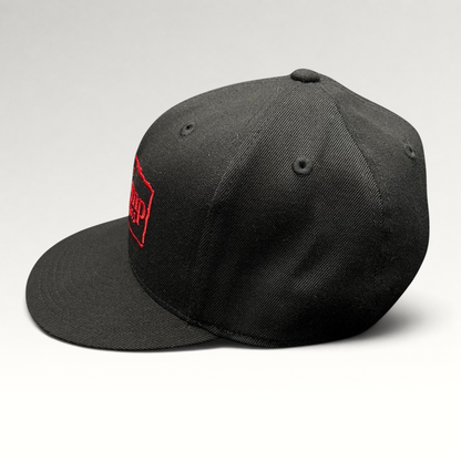 Raree Finds black Flexfit 210 fitted hat with red Base Camp Aspen Snowmass embroidered logo on the front